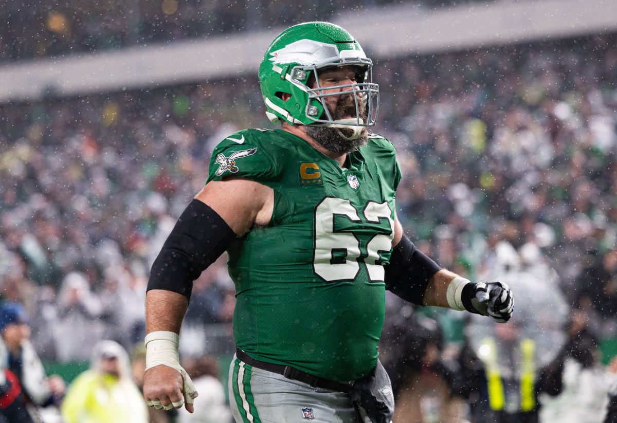 Philadelphia Eagles center Jason Kelce (62) reacts after a touchdown against the Buffalo Bills at Lincoln Financial Field.